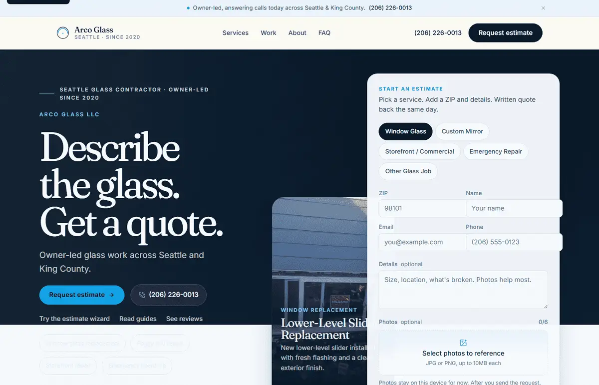 ArcoGlass — lead-gen stack with attribution